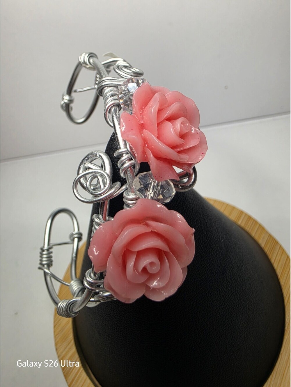 Handmade Wrapped Pink Rose Cuff Bracelet Silver Tone